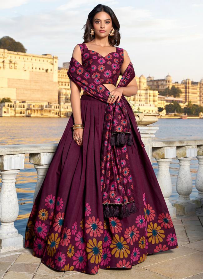 Tussar Silk Wine Party Wear Printed Readymade Lehenga Choli